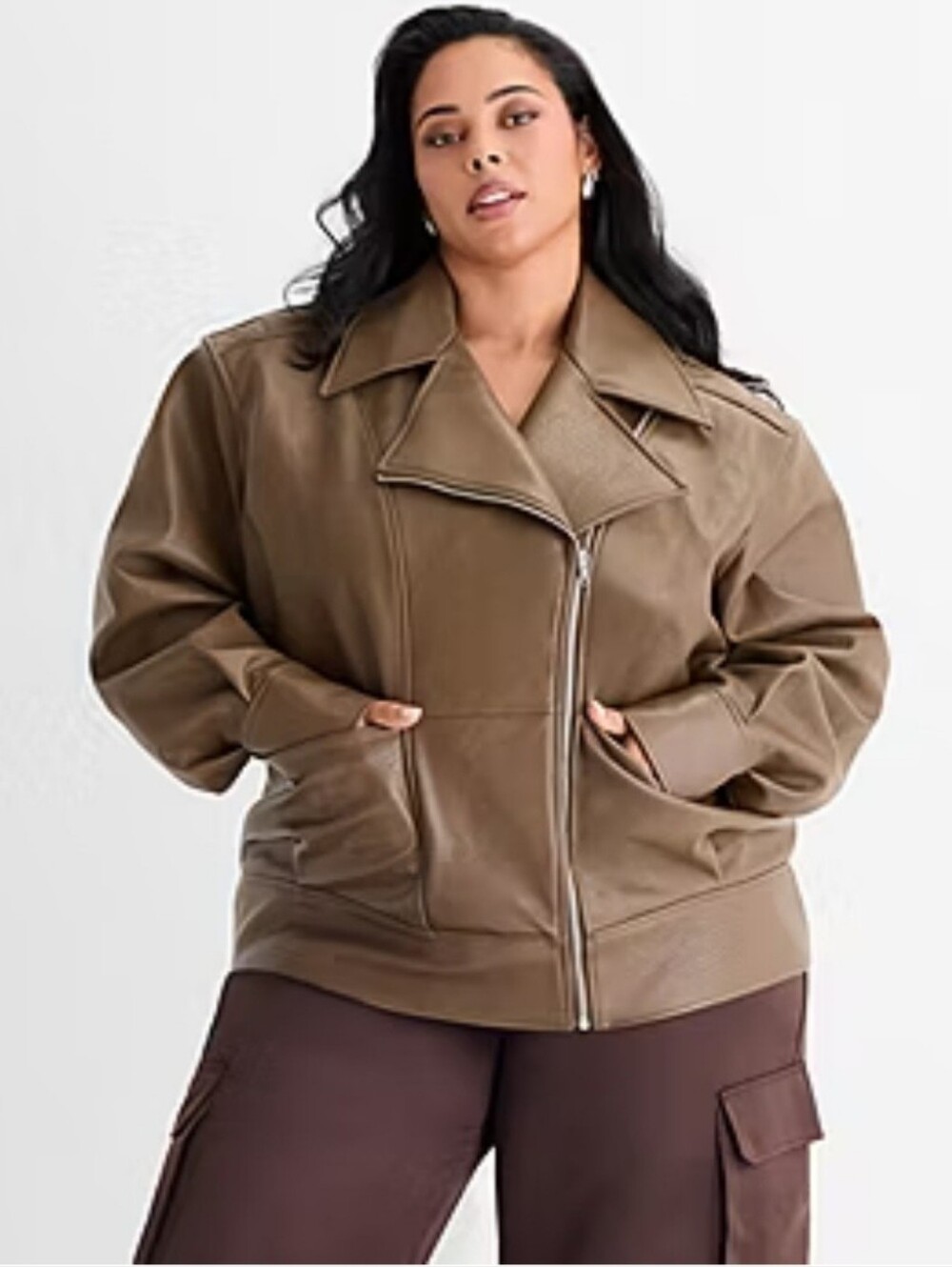 NEW Ashley Graham Faux Leather Midweight Moto Biker Jacket Lt Brown Size 1X